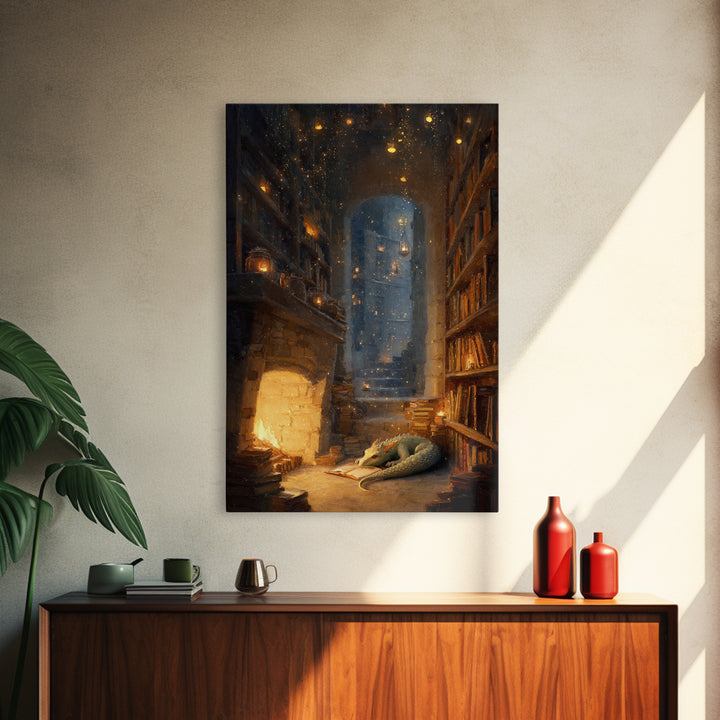 Cozy Dragon Library Fireplace Canvas Print, Fantasy Wall Art, Book Lover Decor, Dark Academia Reading Nook Home Decor Gift