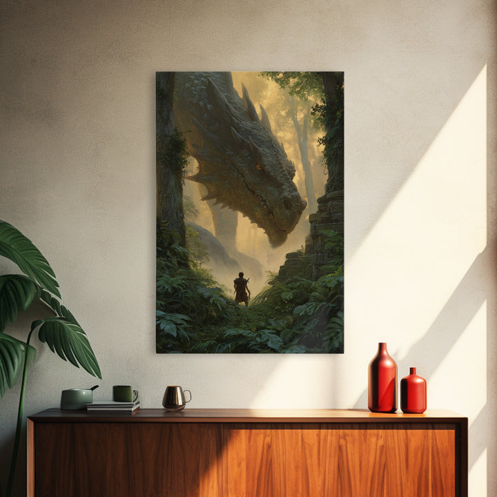 Giant Dragon In Ancient Jungle Ruins Wall Art Fantasy Canvas Print For Living Room Decor, Epic Heroic Gamer Room Gift For Him