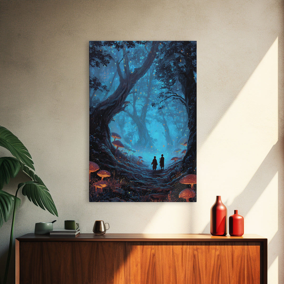 Enchanted Blue Mushroom Forest Wall Art Magical Fantasy Canvas Print For Bedroom Decor, Whimsical Fairy Tale Gift For Her