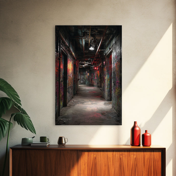 Dark Graffiti Tunnel Wall Art Urban Street Photography Print, Industrial Corridor Decor For Office Or Man Cave Gift Idea