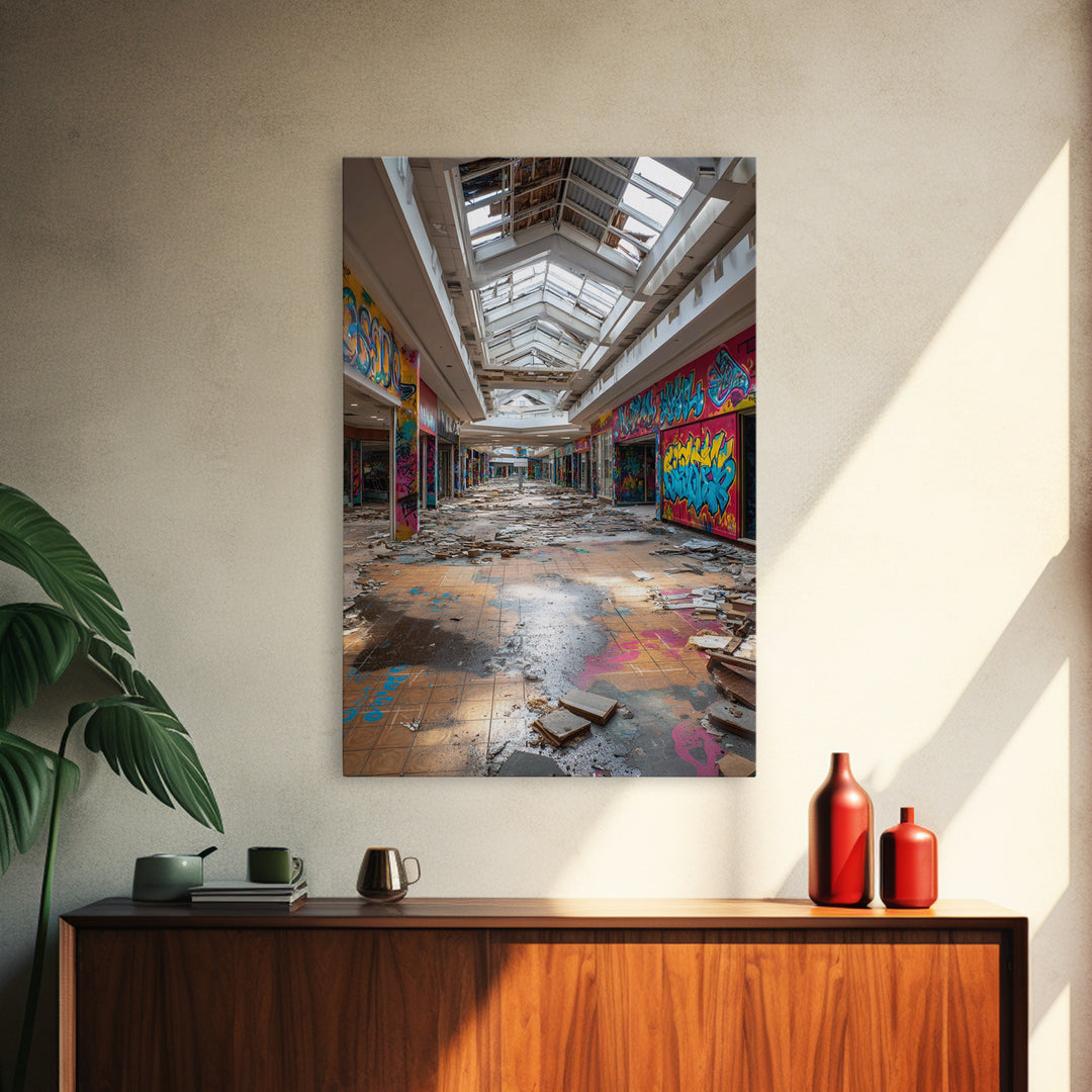 Abandoned Mall Atrium With Graffiti Wall Art Urban Decay Photography Print, Modern Industrial Decor For Loft Living Room