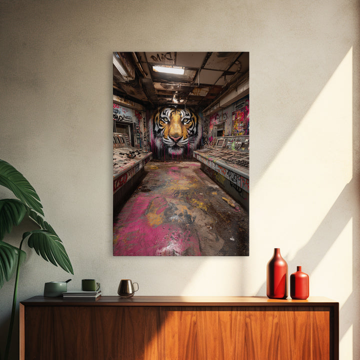 Tiger Mural In Abandoned Control Room Wall Art Urban Graffiti Canvas Print, Bold Animal Decor For Game Room Or Office Gift
