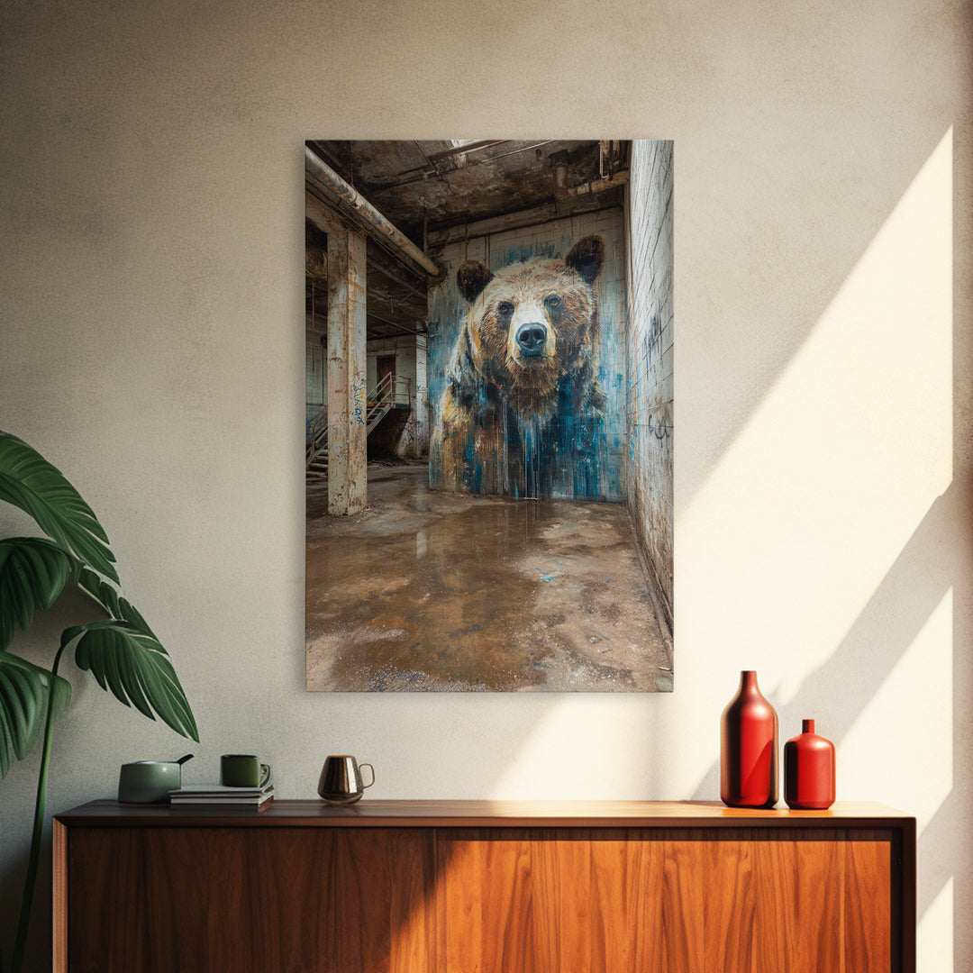 Realistic Bear Mural In Industrial Ruins Wall Art Urban Wildlife Canvas Print, Rustic Animal Decor For Cabin Or Office Gift