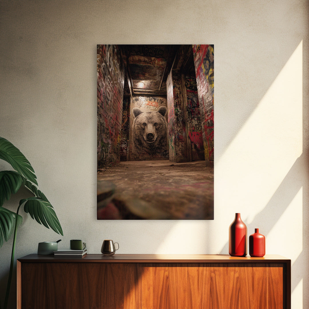 Moody Bear Portrait Graffiti Tunnel Wall Art Urban Wildlife Canvas Print, Dark Industrial Decor For Man Cave Or Office Gift