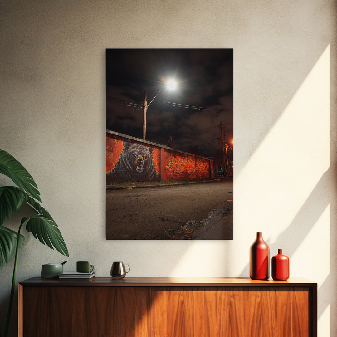 Night Street Bear Graffiti Wall Art Urban Wildlife Canvas Print, Red Brick Mural Decor For Man Cave Or Industrial Office