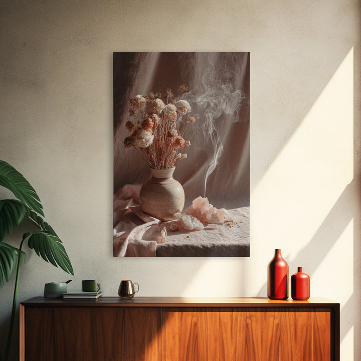 Dried Flowers With Incense Smoke Framed Canvas Print, Boho Wall Art, Rose Quartz Decor, Spiritual Bedroom Wall Decor Gift