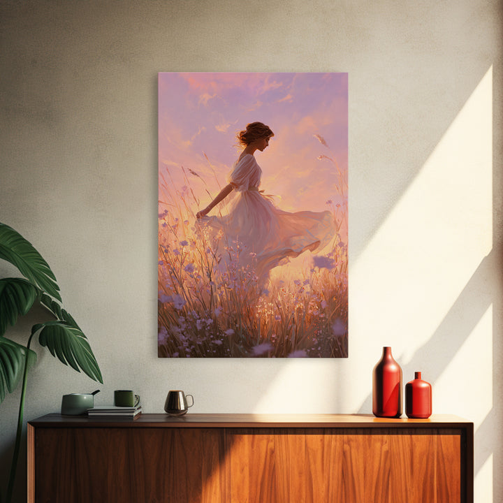Sunset Meadow Woman In White Dress Wall Art, Romantic Wildflower Canvas Print, Feminine Bedroom Decor, Living Room Decor, Gift For Her