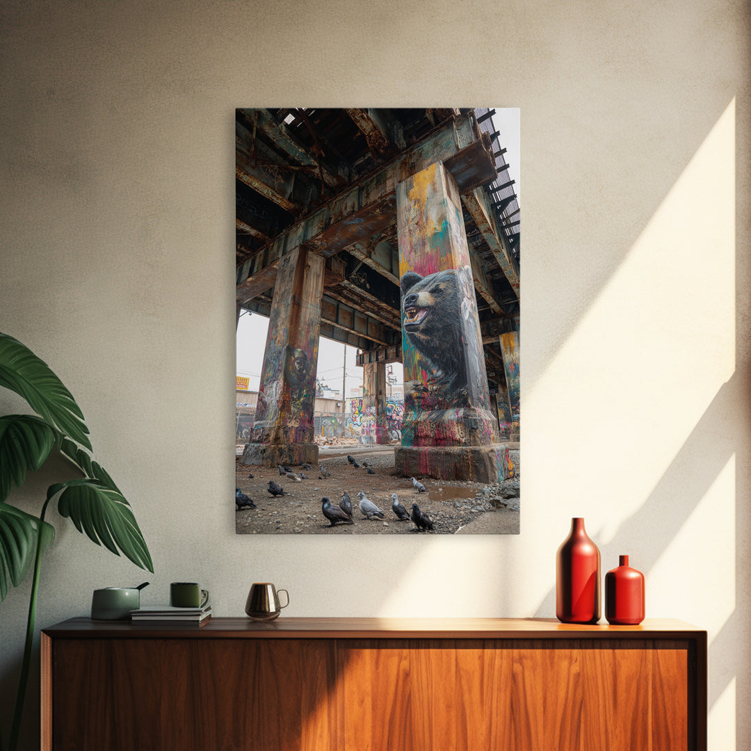 Vibrant Street Art Bear On Grungy Urban Pillar Graffiti Wall Painting Framed Canvas Print Trendy Wall Art