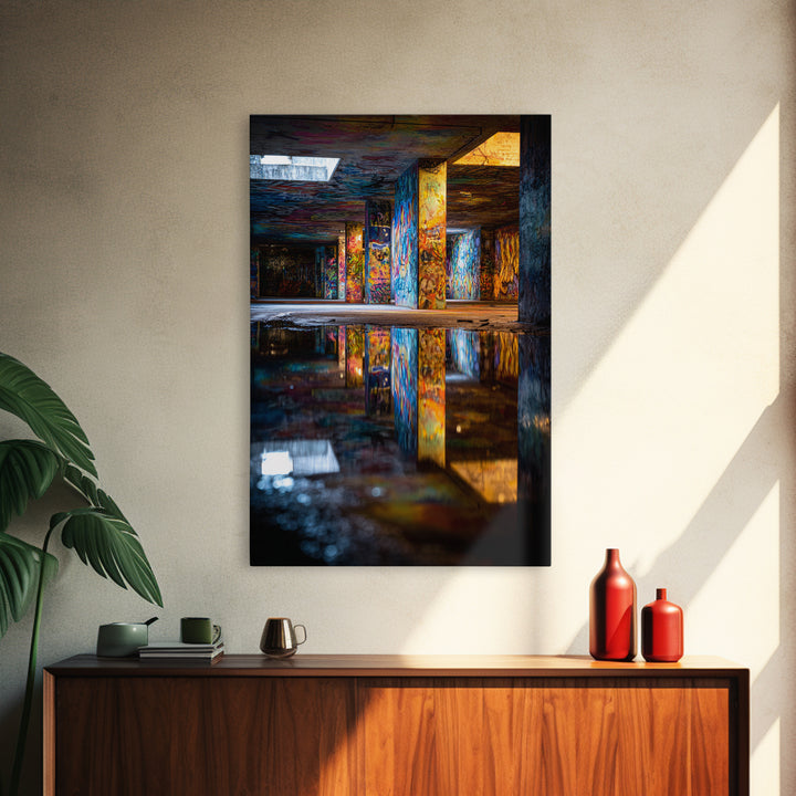 Colorful Graffiti Art With Reflections In Urban Underground Tunnel Wall Art Framed Canvas Print