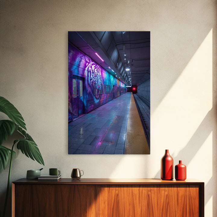 Vibrant Street Art Subway Train With Colorful Tiger Graffiti Framed Canvas Print Urban Wall Art For Modern Home
