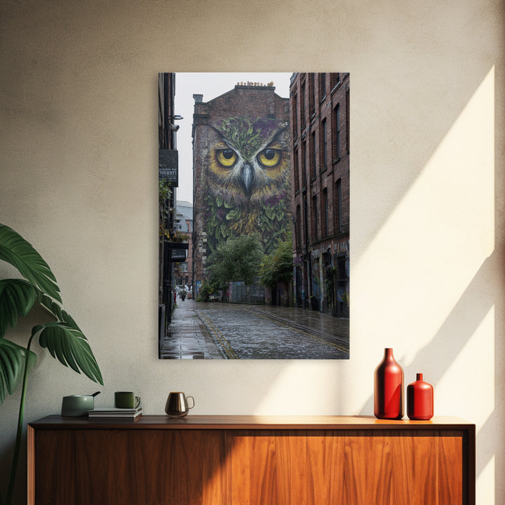 Large Vibrant Owl Mural Painted On Brick Building Wall In City Street - Original Wall Art Canvas Print For Urban Decor