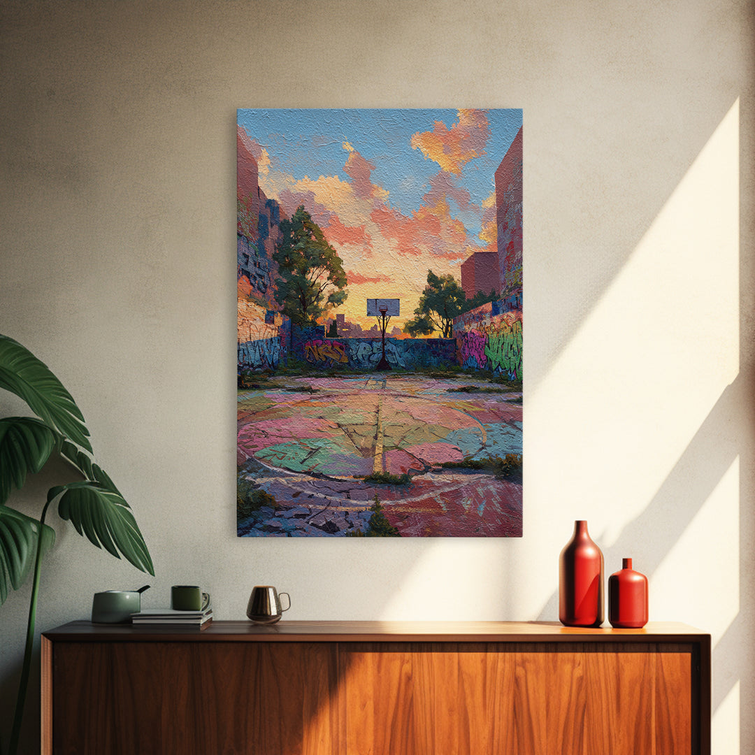 Urban Graffiti Basketball Court Sunset Colorful Street Art Canvas Print Vibrant Wall Art For Modern Living Room