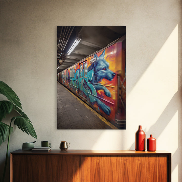 Graffiti Art Subway Train With Blue Dog Design Urban Street Art Canvas Print For Unique Contemporary Wall Decor