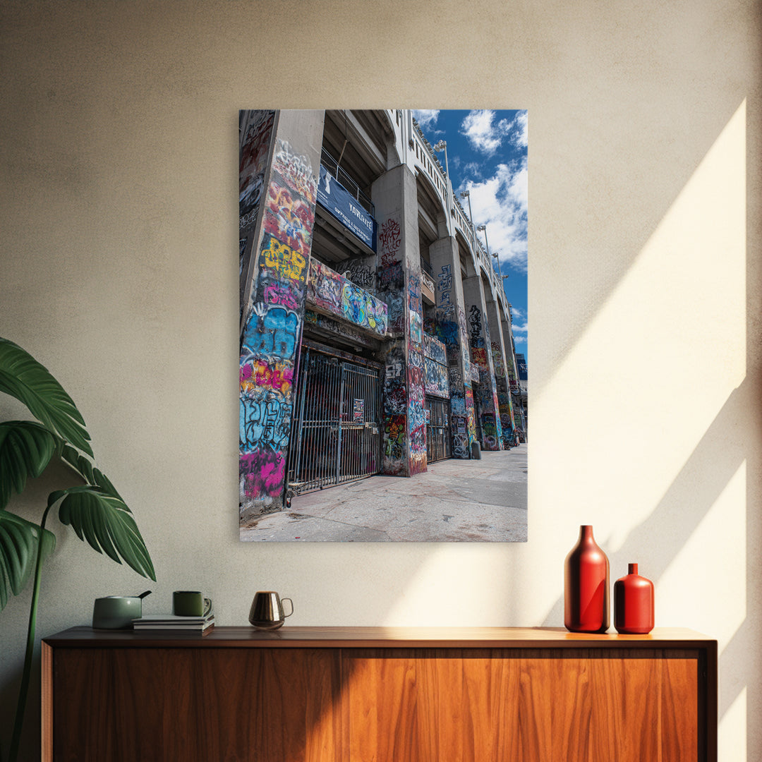 Abandoned Urban Street Art Graffiti Wall With Blue Sky | Vibrant Modern Wall Art Print For Home Decor Framed Canvas Print