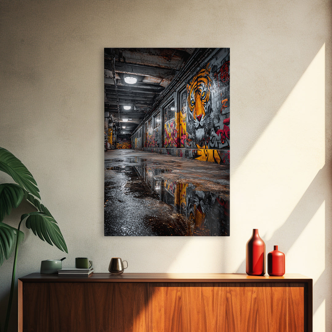 Urban Subway Corridor With Tiger Graffiti Art Moody Street Art Wall Decor - Canvas Print For Industrial Loft And Urban Spaces