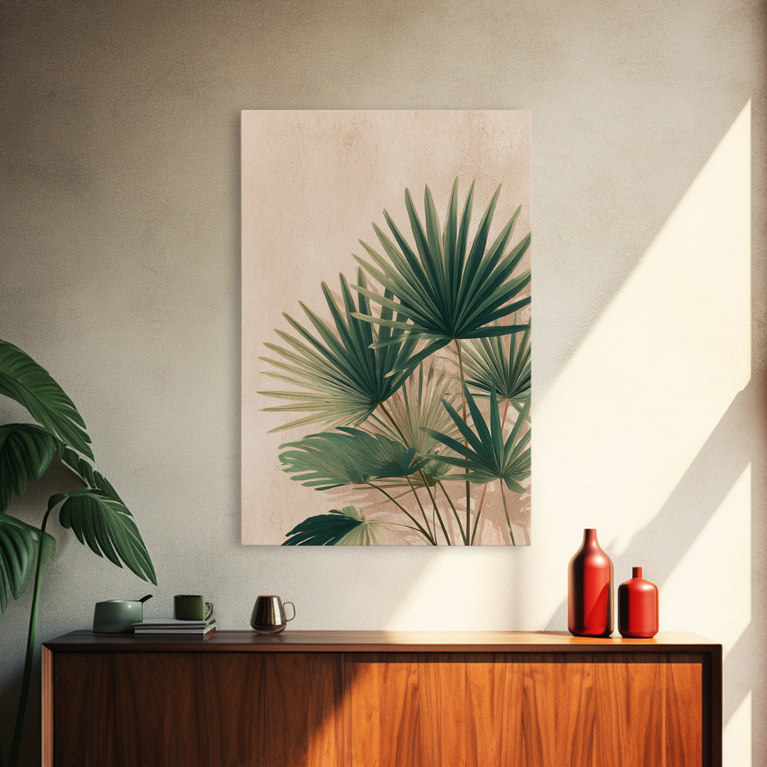 Green Fan Palm Botanical Wall Art, Tropical Leaf Canvas Print, Coastal Boho Living Room Decor, Large Nature Inspired Art