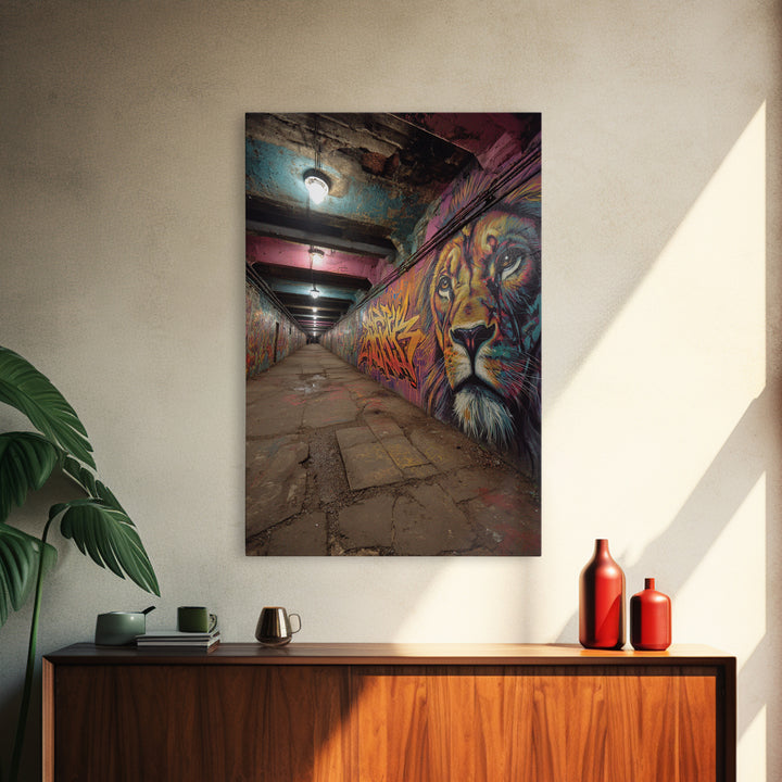 Urban Subway Tunnel Animal Graffiti Wall Art Colorful Lion Mural Framed Canvas Print For Street Art Lovers And Man Cave