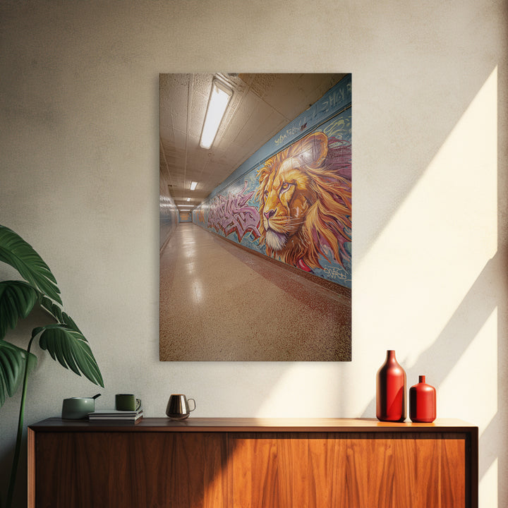 Artistic Lion Mural In City Tunnel Hallway Urban Street Art Decor | Vibrant Wall Art Print For Home Or Office Framed Canvas