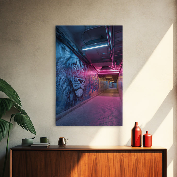 Vibrant Neon Alleyway Street Art With Majestic Lion Mural Wall Art Framed Canvas Print For Urban Home Decor