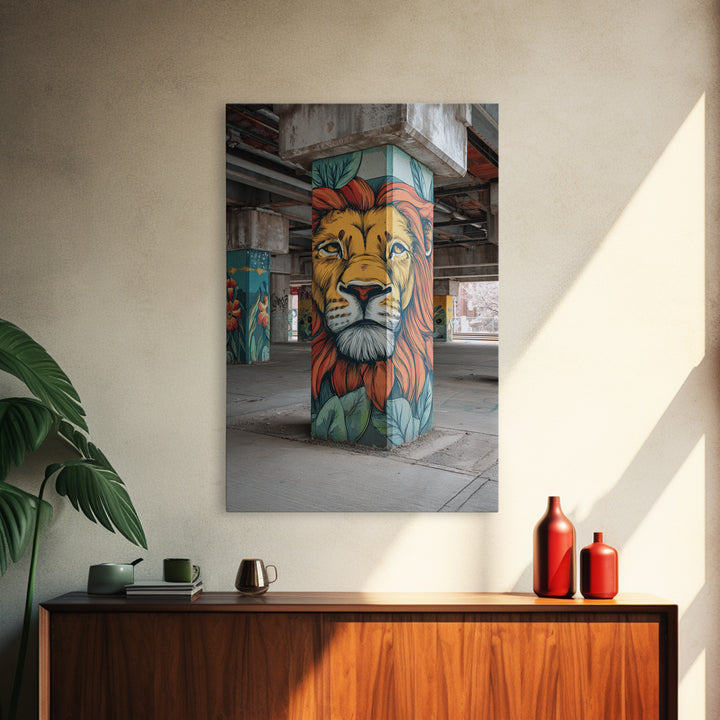 Majestic Lion Mural Painted On Concrete Pillar Urban Wall Art Framed Canvas Print For Unique Decor