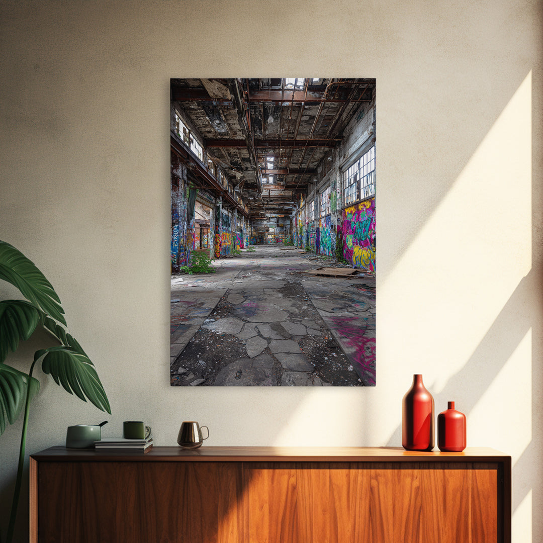 Vibrant Urban Graffiti In Abandoned Warehouse Wall Art Decor Framed Canvas Print For Modern Home Decor