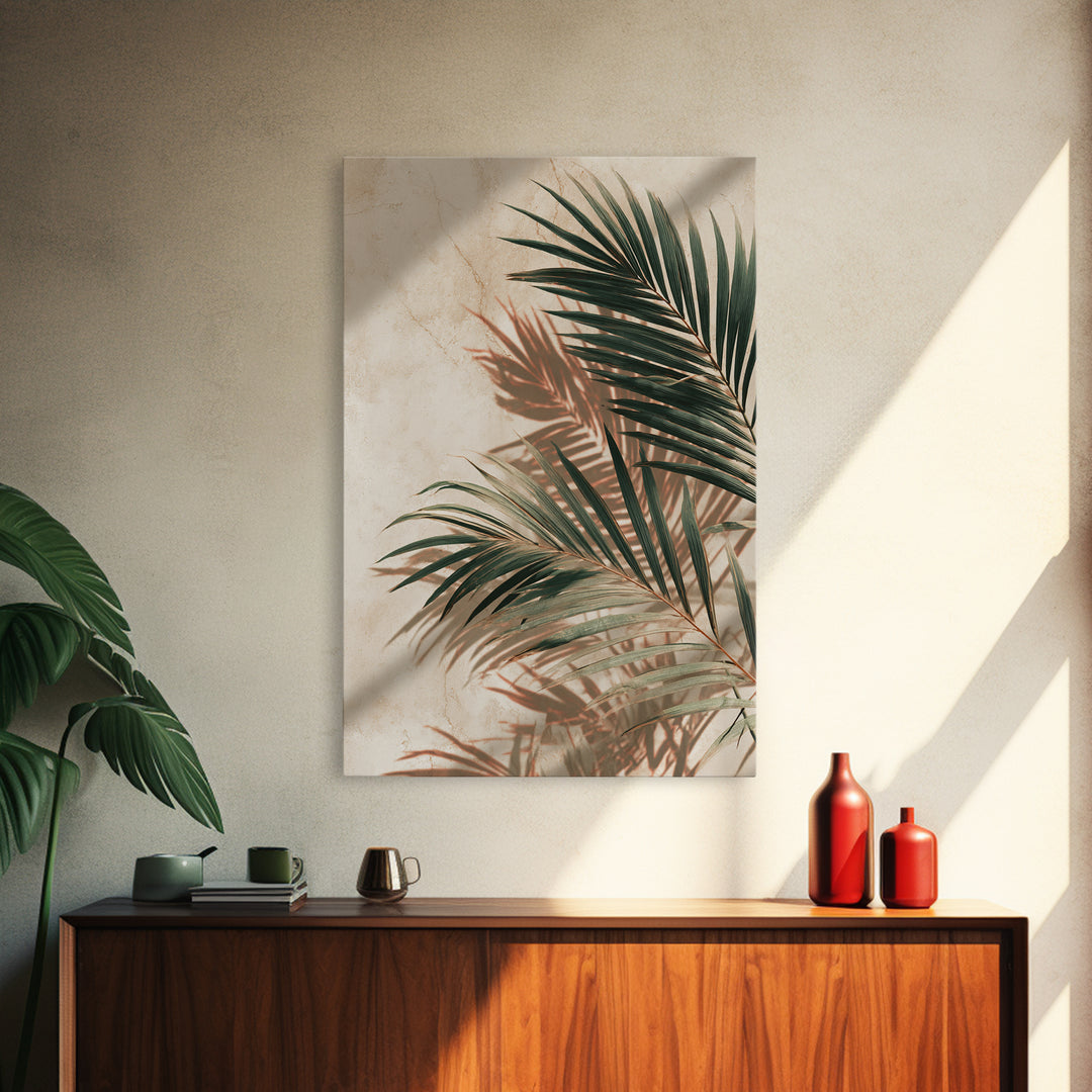 Palm Frond Shadow Botanical Wall Art, Tropical Leaf Canvas Print, Coastal Beige Modern Home Decor For Living Room Bedroom Wall Decor