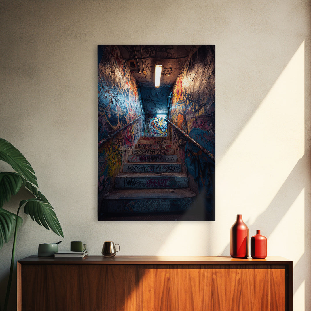 Urban Graffiti Stairwell With Vibrant Street Art Mural And Neon Lights Canvas Print Modern Wall Art For Home Decor And Office