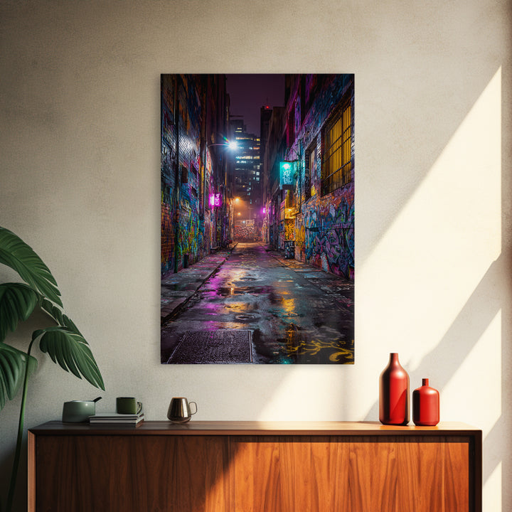 Neon Lit Graffiti Covered Alleyway Night Scene Urban Wall Art Modern Canvas Print For Eclectic Home And Office Decor