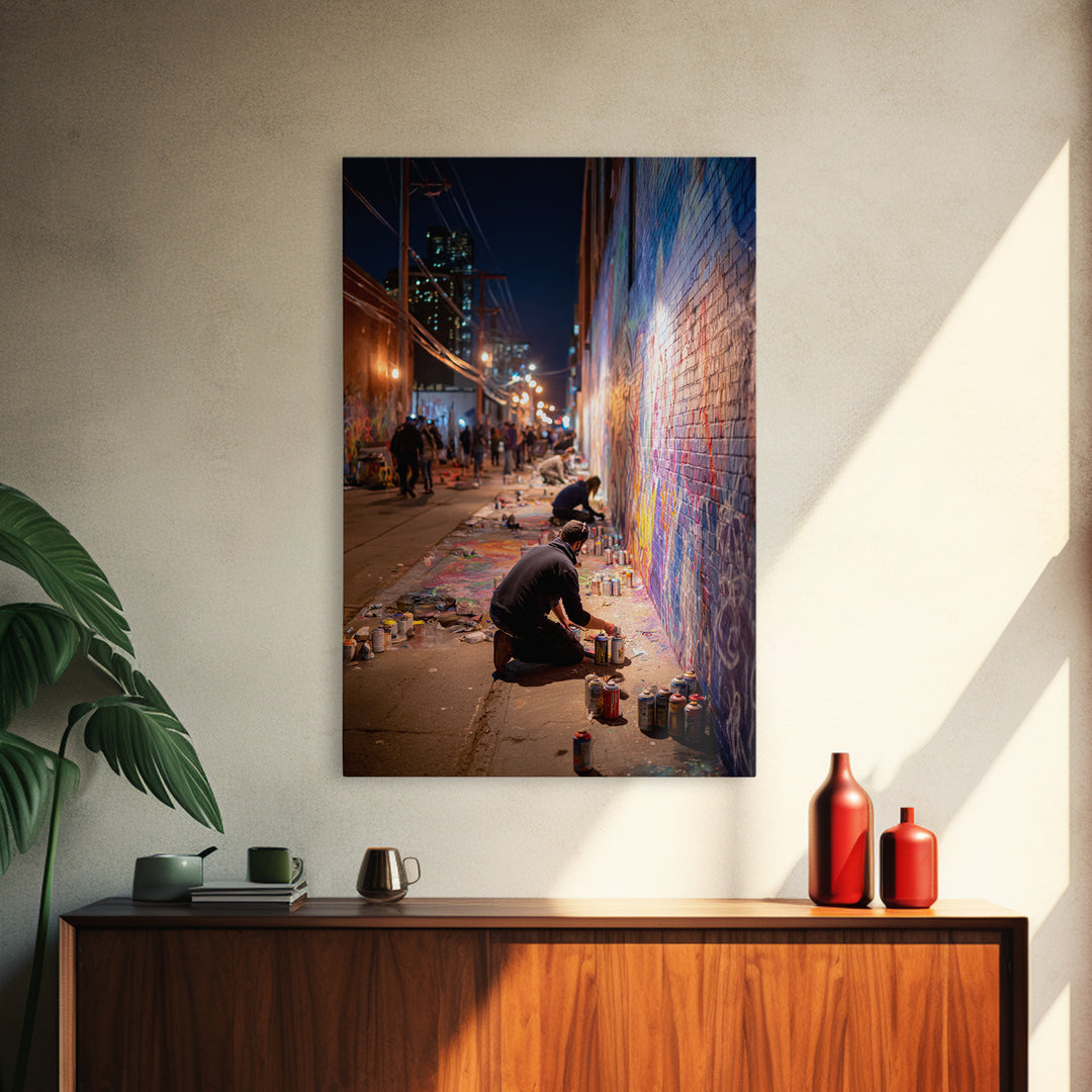 Nighttime Street Artist Painting Bright Graffiti Mural On City Wall - Colorful Wall Art Framed Canvas Print For Home