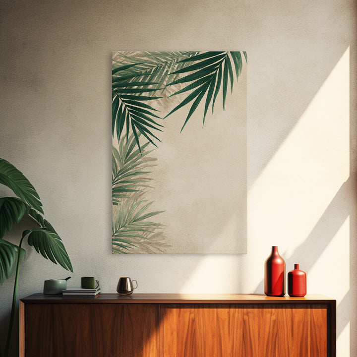 Palm Leaf Corner Botanical Wall Art, Minimal Tropical Canvas Print, Beige Coastal Decor For Living Room Bedroom Modern Wall Decor
