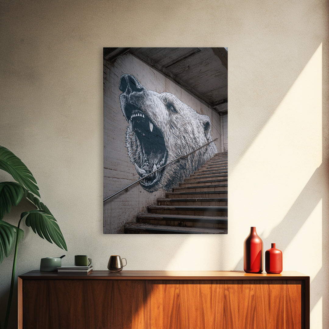 Striking Bear Mural Street Art On Staircase Wall Art Urban Canvas Print Vibrant Outdoor Wall Decor