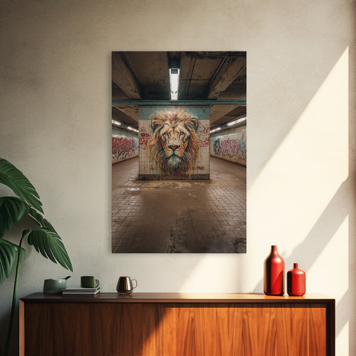 Powerful Lion Portrait Street Art Mural In Urban Tunnel Photography Wall Art Canvas Print For Bold Home Decor