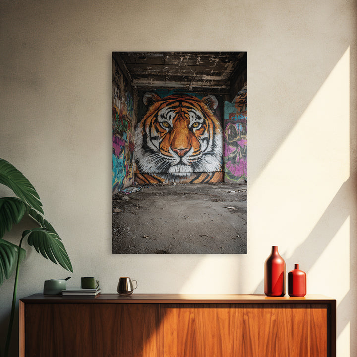 Vibrant Tiger Mural Street Art Urban Wall Art Perfect Framed Canvas Print For Eclectic Living Room Decor Or Gift