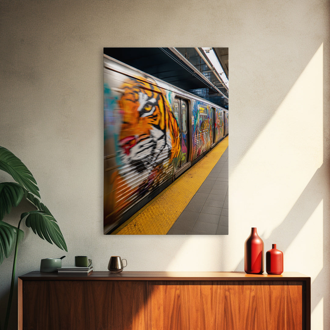Expressive Tiger Graffiti Street Art Urban Wall Art Vibrant Subway Canvas Print For Edgy Home Decor And Wall Decor