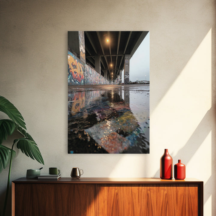 Urban Street Art Graffiti Under Bridge Reflected In Water Puddles Downtown Photographic Wall Art