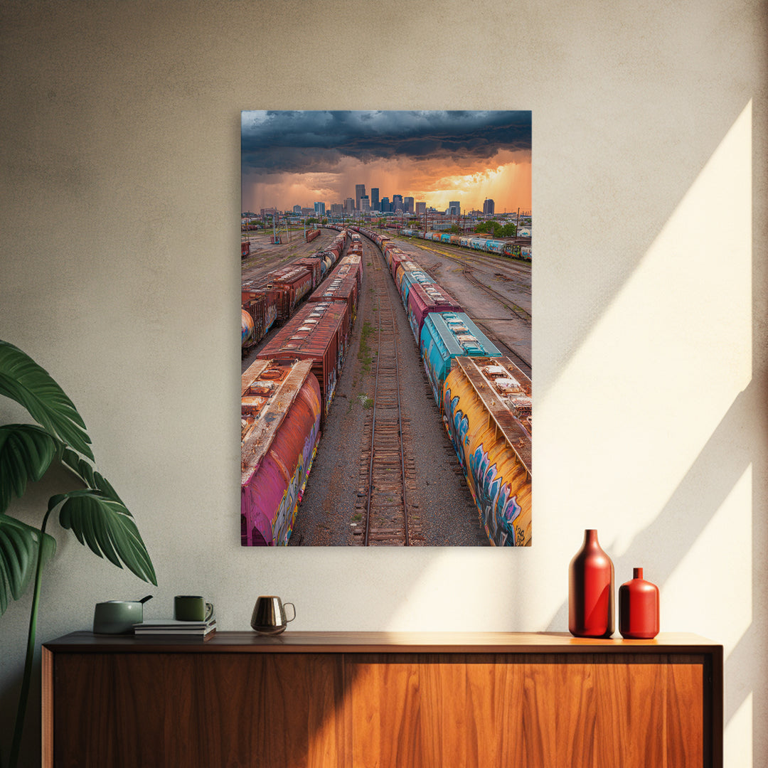 Train Yard Industrial Landscape With Rusty Graffiti Paintings | Contemporary Wall Art Urban Decor Framed Canvas Print