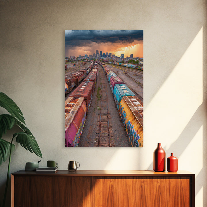 Train Yard Industrial Landscape With Rusty Graffiti Paintings | Contemporary Wall Art Urban Decor Framed Canvas Print