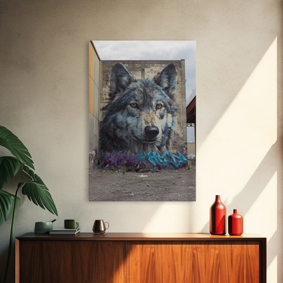 Massive Wolf Mural Graffiti On Urban Wall Featuring Detailed Animal Portrait Vibrant Street Art Print