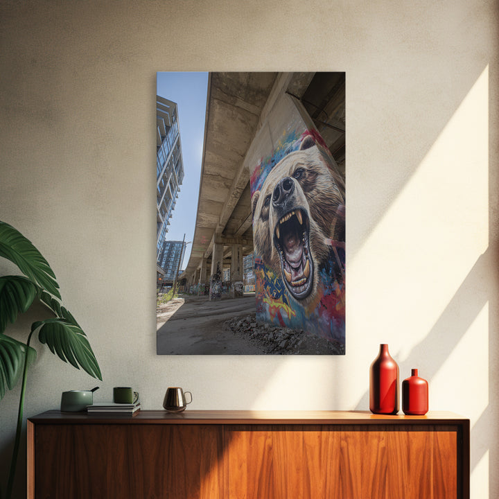 Roaring Grizzly Bear Graffiti Mural Under Concrete Bridge Wall Art For Man Cave And Urban Home Decor