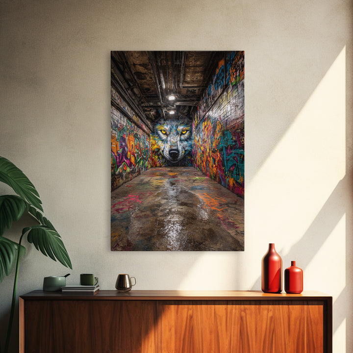 Colorful Wolf Graffiti Street Art Urban Wall Art Print Home Decor Vibrant Alley Framed Canvas Print