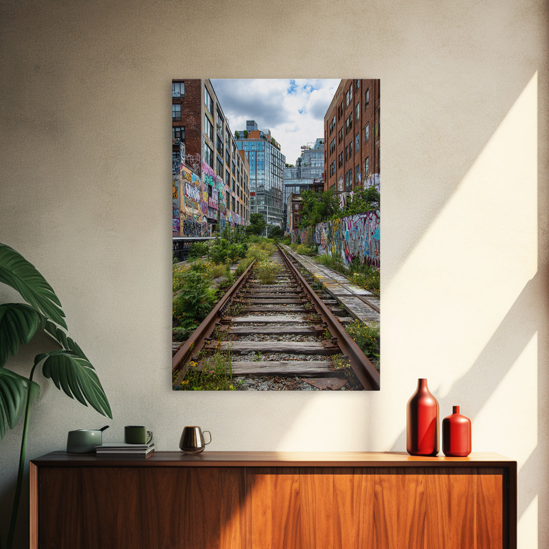 Urban Overgrown Railway Track Between Graffiti Walls In City - Contemporary Wall Art Canvas Print For Modern Decor