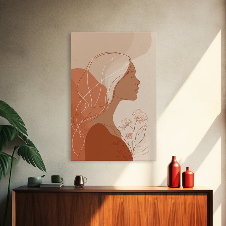 Minimalist Woman Profile With Flowers Wall Art, Terracotta Line Art Canvas Print, Feminine Boho Bedroom Decor Gift For Her