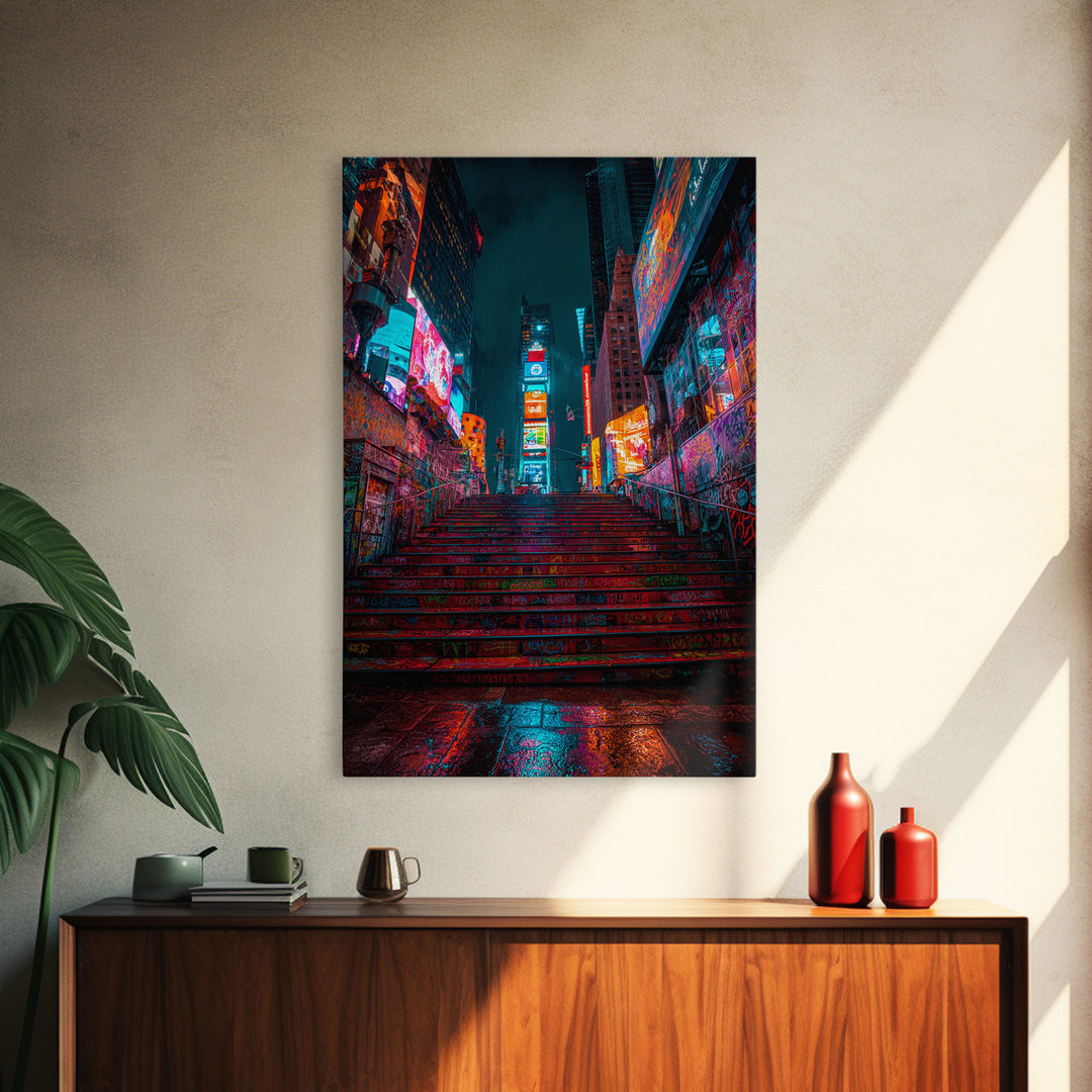 Moody Urban Graffiti Subway With Neon Lights And Rain Wall Art Canvas Print For Modern Street Decor