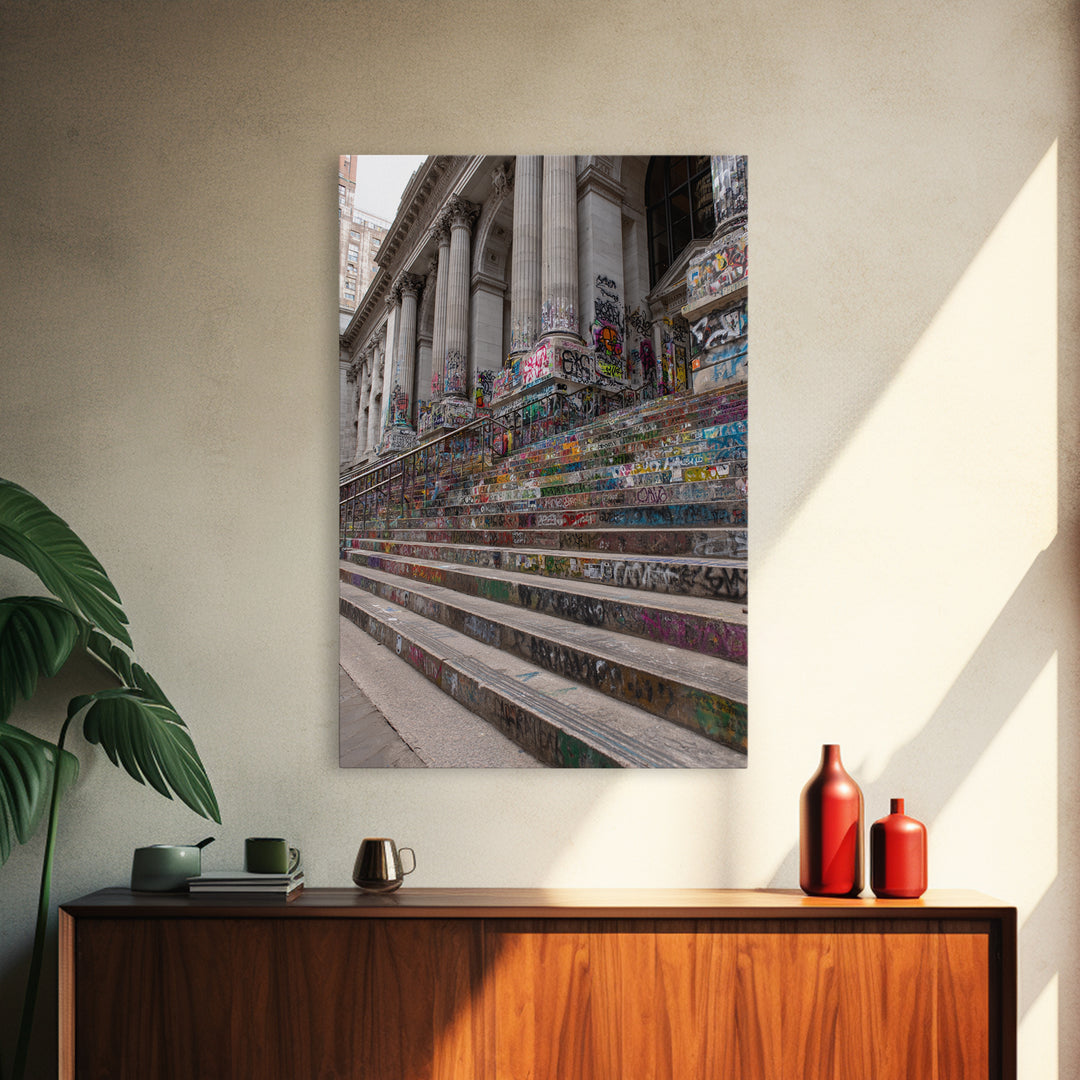Vibrant Graffiti Covered Urban Steps Photography Wall Art Framed Canvas Print For Modern Industrial Home Decor