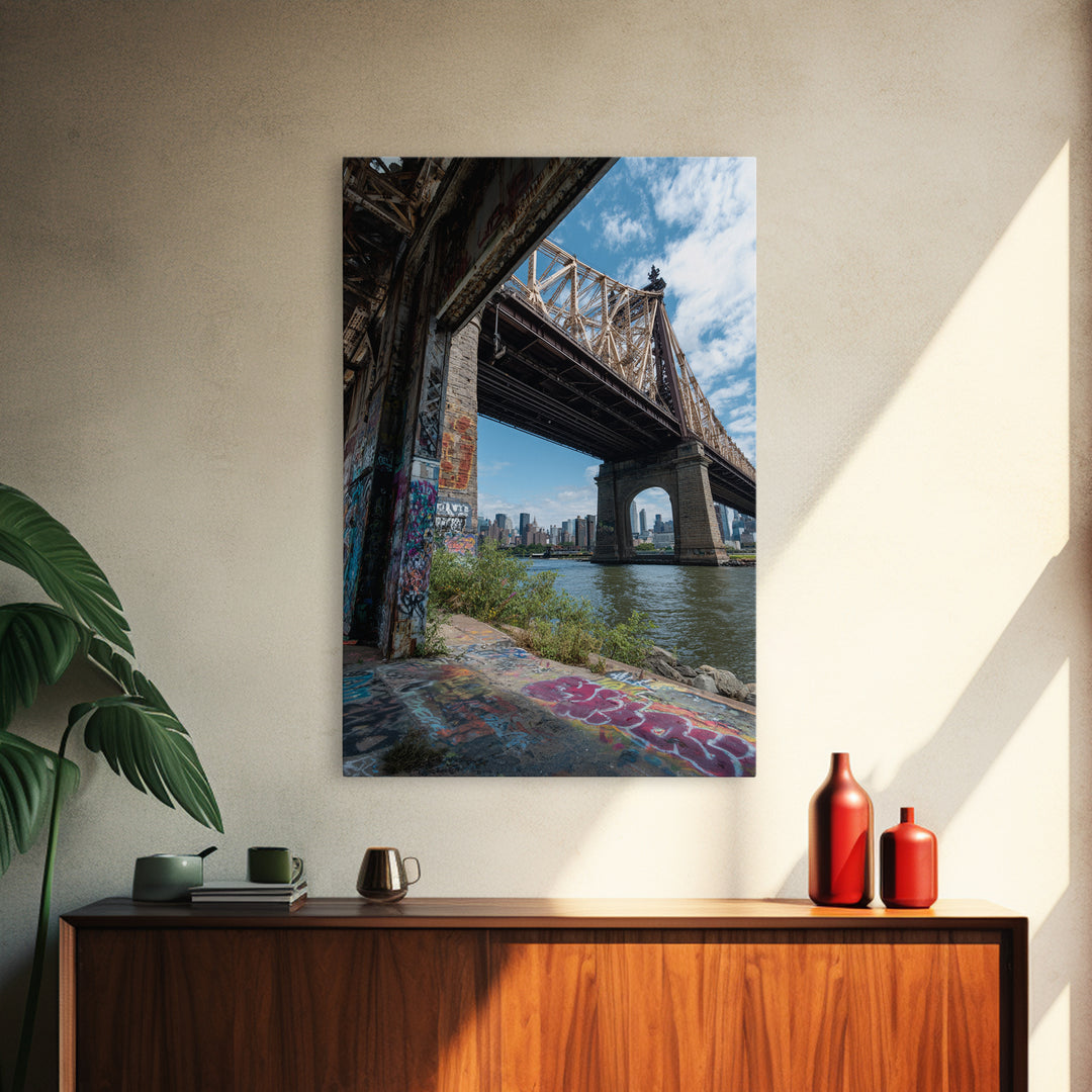 Urban Bridge And Graffiti Wall Over River Cityscape Photography Canvas Print Wall Art For Living Room Or Office Decor