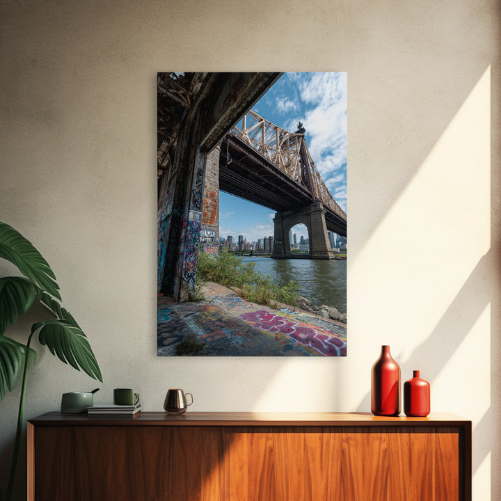 Urban Bridge And Graffiti Wall Over River Cityscape Photography Canvas Print Wall Art For Living Room Or Office Decor