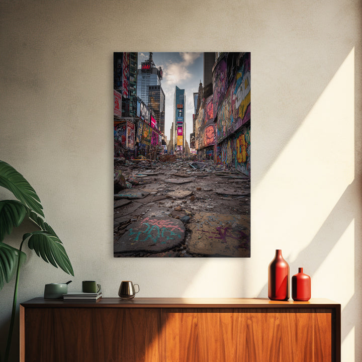 Post Apocalyptic Times Square Urban Ruins Photography Wall Art Print With Graffiti And Debris For Modern Home And Office Decor