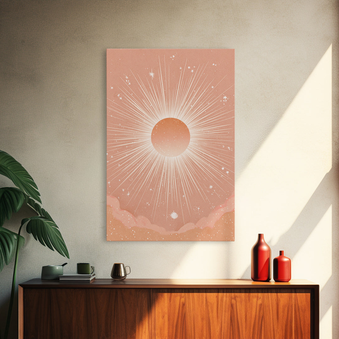 Radiant Peach Sunburst Celestial Wall Art, Boho Sun And Moon Art Print, Warm Neutral Bedroom Decor, Gift For Her, Modern Home Decor