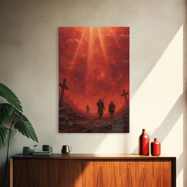 Fiery Red Apocalypse Scene With Warriors And Crosses Dramatic Fantasy Art Canvas Print Perfect Statement Wall Art For Home Decor