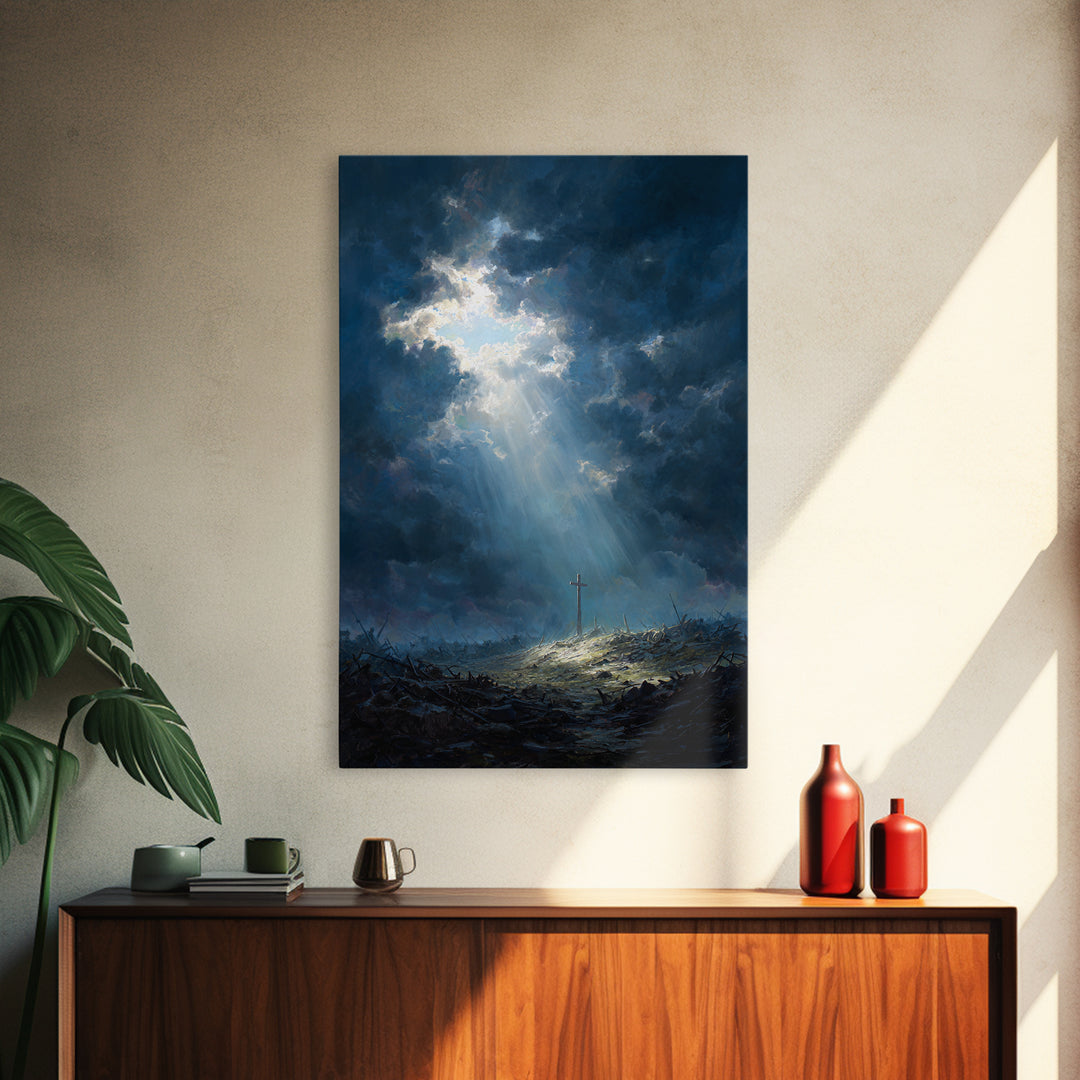 Cave Entrance View Overlooking Serene Mountain Landscape With Sunlight Rays Oil Painting Wall Art For Nature Lover Gift